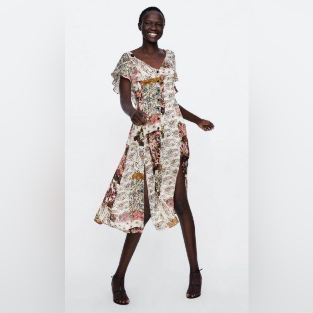 NWT Zara Multicolored Paisley Patchwork Slit Midi Dress Sz XS